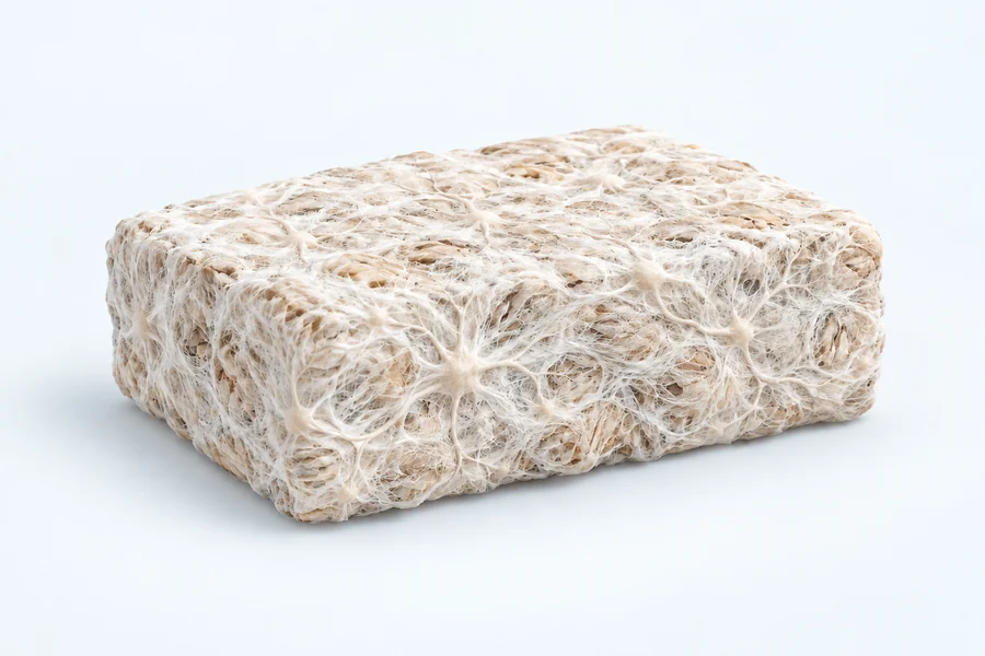 Concept illustration of a natural cream-colored mycoprotein block bound by fine white mycelial fibers