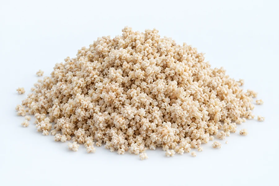 Concept illustration based on the real side stream: a loose mound of small cream-colored granules and softly clumped crumbs